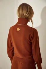 Polera color ladrillo, entallada, de tejido de punto fino, con cuello alto, mangas largas abullonadas y puños acanalados.
