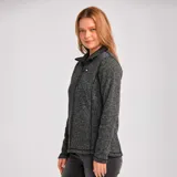 Campera polar de mujer marca CAT, color gris jaspeado, con cierre frontal, cuello alto y bolsillos laterales con cierre.