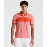 Polo de piqué color salmón con rayas horizontales naranjas y blancas en el pecho. Cuello y mangas con ribete naranja. Logo bordado en el pecho.