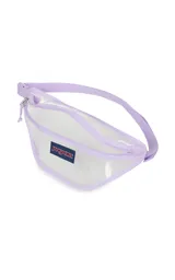 Riñonera transparente con ribetes negros y logo de JanSport en el frente. Tiene un compartimento principal con cierre y correa ajustable con hebilla.