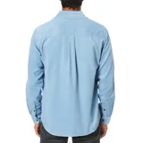 Camisa celeste de pana con botones marrones, de manga larga y corte clásico.