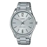 Reloj Casio plateado con pulsera de acero inoxidable, esfera plateada, agujas negras y números 12 y 6. Resistente al agua.