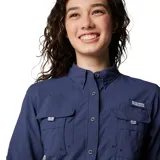 Camisa de pesca Columbia Bahama de manga larga color azul marino, con cuello abotonado, dos bolsillos frontales con cierre de velcro, ventilación en la espalda y tecnología Omni-Shade UPF 30.