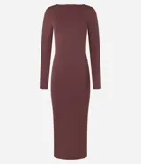 Vestido midi marrón de poliéster y elastano, con cuello redondo, mangas largas, espalda descubierta, fruncido en la parte baja de la espalda y abertura en la falda.