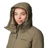 Campera Columbia Joy Peak II Mid para mujer, color verde oliva, con capucha forrada en polar y cierre frontal con cremallera. Cuenta con tecnología termorreflectante Omni-Heat Infinity, repelente al agua Omni-Shield y aislamiento Thermarator de poliéster reciclado. Tiene bolsillos laterales con cremallera y puños con orificios para los pulgares.