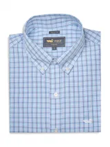 Camisa de manga larga para hombre, de corte regular fit, con cuello abotonado (button-down) y estampado a cuadros (vichy) en tonos de azul claro, azul medio y azul oscuro/violeta.