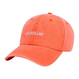 Gorra de gabardina color coral con logo de Caterpillar bordado en blanco en el frente.