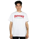 Remera blanca de manga corta con estampado frontal del logo de Thrasher en rojo y texto en japonés.
