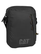 Bolso bandolera unisex CAT Explorer, color negro, con logo reflectante y detalles de cordones. Cuenta con compartimento principal con bolsillo interior, bolsillo delantero con cordón para llavero y correa ajustable para el hombro.