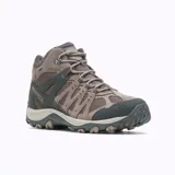 Bota de senderismo Merrell Accentor 3 Mid WP color marrón topo y detalles en gris oscuro. Fabricada con parte superior de piel de ante y malla, forro de malla transpirable, puntera protectora de goma y suela de goma con tacos de 5mm.