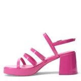 Sandalias de plataforma fucsia charol con tiras finas y hebilla al tobillo.