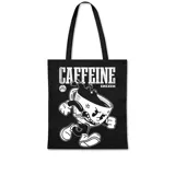Bolso de tela negro, tipo tote bag, con estampado frontal en blanco que dice "CAFFEINE" y un personaje de taza de café antropomórfico con expresión enojada.