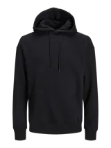 Canguro negro de manga larga con capucha, corte relajado y bolsillo tipo canguro.