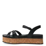 Sandalias negras con plataforma de corcho, tiras cruzadas y pulsera con hebilla.
