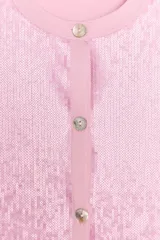 Chaqueta de lentejuelas rosa con cuello redondo, manga larga y cierre frontal con botones.