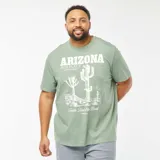 Camiseta verde con estampado blanco de cactus y texto "Arizona Sun Place summer land. Feel the Heat of the Desert".