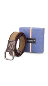 Cinto de tela canvas a rayas horizontales color beige y marrón chocolate, con hebilla doble rectangular metálica color peltre y terminaciones en símil cuero color marrón chocolate.