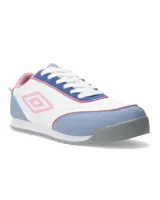Championes urbanos Umbro modelo Lane Lady, color blanco con detalles en violeta y celeste. Presentan logo Umbro en el lateral y suela marrón.