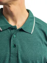 Remera polo verde con cuello y mangas con borde blanco, confeccionada en algodón.