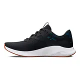 Championes de running Under Armour Charged Aurora, color negro con detalles estampados en azul y naranja, suela blanca y cordones moteados.