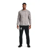 Campera Under Armour Rival Terry, color gris jaspeado, con cierre frontal completo, capucha con cordones ajustables y logo estampado en el pecho.