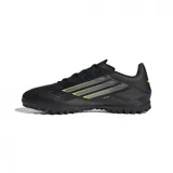 Championes de fútbol Adidas F50 Club para hombre, color negro con detalles en plateado y amarillo neón.