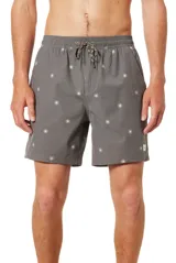 Short de baño gris con estampado de flores blancas, cintura elástica con cordón ajustable y bolsillos laterales.