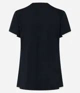 Remera deportiva negra de microfibra con cuello redondo y mangas cortas con recortes en color beige.