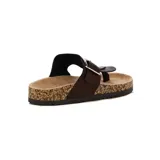 Ojotas de dedo color marrón con plantilla de corcho y tira ancha de cuero sintético con hebilla metálica ajustable.