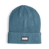 Gorro de lana Puma color verde azulado con logo en etiqueta rectangular cosida en el frente.