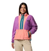 Campera Columbia de microfibra aterciopelada, con cierre frontal completo, bolsillos laterales con cremallera, ribete elástico en puños y dobladillo, y detalle de nailon en el pecho.