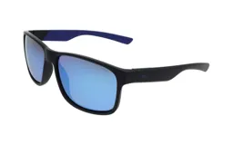 Lentes de sol con diseño moderno, montura de acetato y lentes espejados en tono azul.