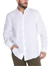 Camisa de manga larga blanca de lino orgánico con tejido melange, cuello clásico, cierre con botones y logo bordado al tono.