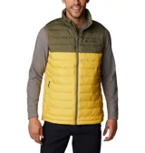 Chaleco Columbia Powder Lite para hombre, con tecnología Omni-Heat reflectante, aislamiento Thermarator, tela resistente al agua, ribete en cuello y puños, bolsillos con cierre y dobladillo ajustable. Diseño en dos tonos: verde oliva en la parte superior y amarillo en la parte inferior.