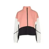 Campera deportiva Under Armour Unstoppable con diseño color block en rosa, blanco y negro. Tiene cuello alto, cierre frontal con cremallera, bolsillos laterales y puños elásticos.