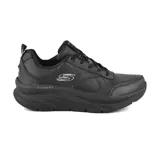 Championes Skechers D'Lux Walker negros, con capellada de cuero y material sintético, cordones, plantilla Air Cooled Memory Foam y media suela Skech-Foam.