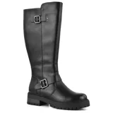 Bota bucanera negra de cuero sintético, con caña alta, hebillas decorativas y suela track.