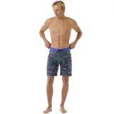 Short de baño Rip Curl Mirage Max Quest, con estampado geométrico en tonos verde, violeta y rosa. Cintura elastizada en color azul con cordón ajustable.