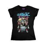 Remera negra entallada de algodón con estampado de los personajes de la banda virtual Gorillaz.