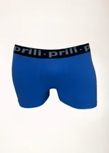Boxer azul de microfibra sin costuras, con cintura elástica negra con el logo de la marca en gris.