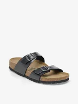 Sandalias Birkenstock modelo Sydney, color negro brillante, con dos correas ajustables con hebillas metálicas.