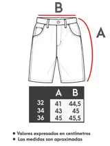 Bermuda de jean celeste, corte recto, largo hasta la rodilla, con costuras contrastadas, parche trasero de ecocuero con logo y confeccionada en Uruguay.