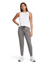 Pantalón de jogging negro Under Armour para mujer, de corte ajustado, con cintura elástica ajustable con cordón, bolsillos laterales y logo estampado en la pierna.