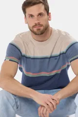 Remera manga corta con diseño a rayas horizontales en tonos beige, azul, verde y salmón.