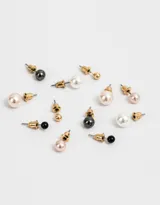 Set de seis pares de aros con perlas de distintos colores y tamaños, con plating de metal y cierre a presión.
