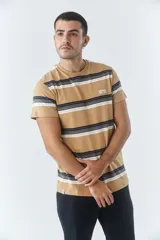 Remera de hombre rayada en tonos ocres y negros, con escote redondo y manga corta.