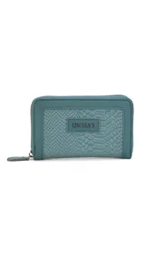 Billetera mediana color beige con textura croco, cierre alrededor y logo Lincoln's.