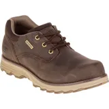 Zapato de hombre Caterpillar modelo Prez, color marrón oscuro, estilo casual de caña baja con cordones. Fabricado en nobuck impermeable, forro de malla de nailon, plantilla Ease y suela de goma duradera.