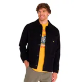 Chaqueta negra de twill de algodón con cierre frontal a presión, bolsillos superiores en el pecho y en la parte inferior, puños elásticos, forro con logo de Caterpillar y bolsillo interior en el pecho.