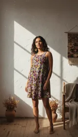 Vestido corto con estampado floral multicolor en tonos violetas, amarillos y rosados. Tiene escote halter, bolsillos laterales y corte suelto.